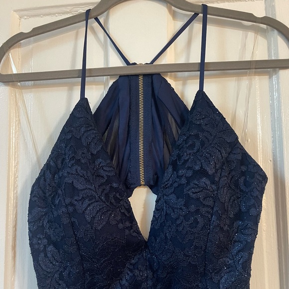 Juniors Emerald Sundae Lace Mesh Cutout Back Body-con Mini Dress Navy Blue Large - Picture 3 of 8